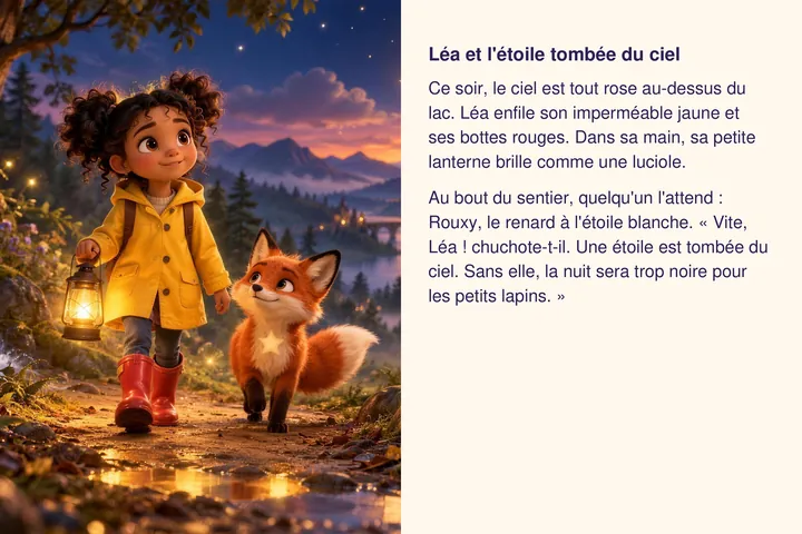 Recto d'une carte d'exemple : Léa, en imperméable jaune, marche avec Rouxy le renard, à côté du début de l'histoire