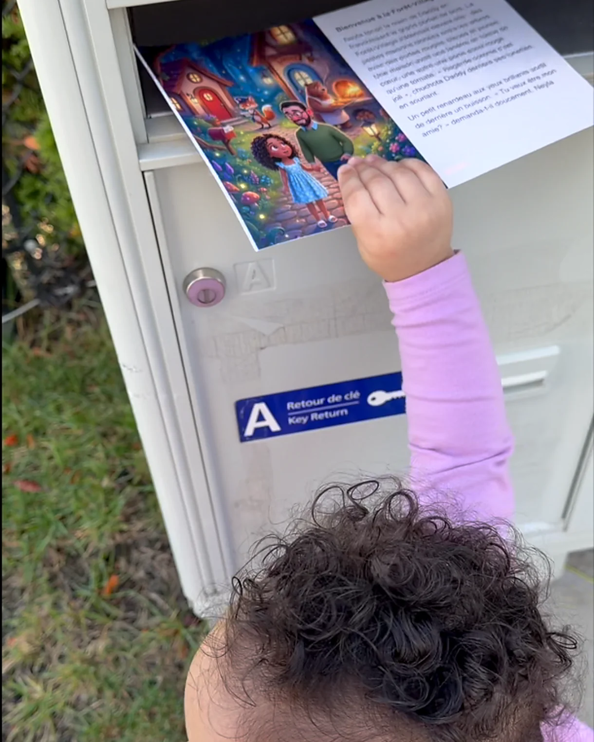 Un enfant qui sort sa carte postale illustrée de la boîte aux lettres