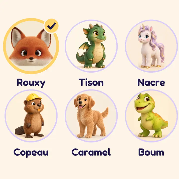 Des amis imaginaires au choix : un renard, un dragon, une licorne, un castor, un chien et un dinosaure (illustration)