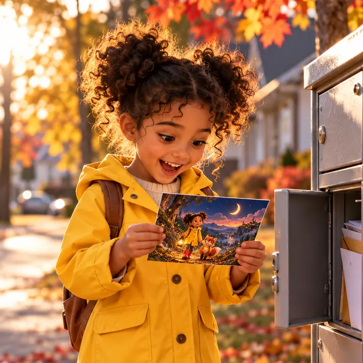 Un enfant sort sa carte illustrée de la boîte aux lettres (illustration)